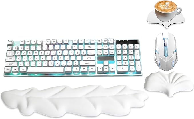 Ergonomic Keyboard Wrist Rest, Leaf Shape PU Leather Memory Foam Wrist Support for Computer Keyboard, Keyboard Pad and Cute Mouse Wrist Pad for Gaming,Office, Computer, Typing, White
