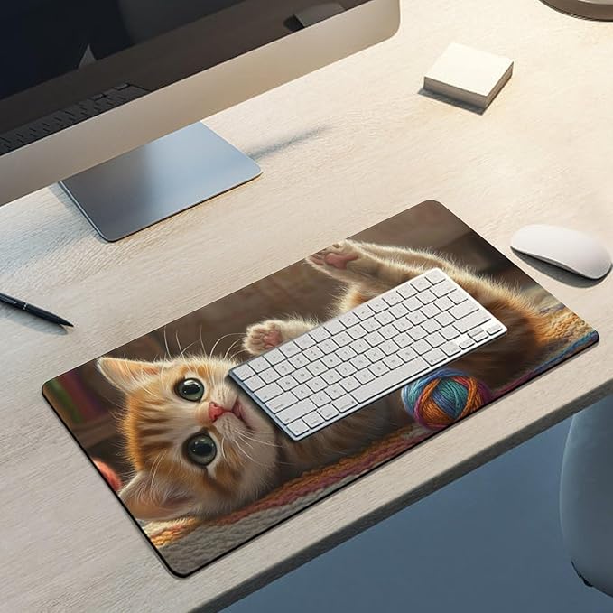 Large Ergonomic Gaming Mouse Pad Curious Kitten Playtime - Cute Cat Theme with Non-Slip Base Water-Resistant Surface and Stitched Edges 30x60cm