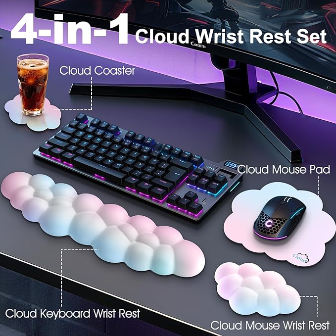 Cloud Wrist Rest Keyboard Cushion, 4-in-1 Ergonomic Cloud Keyboard Wrist Rest and Mouse Pad Set with Memory Foam Arm Support for Palm, Cute Desk Accessory for PC Gaming Setup, Rainbow