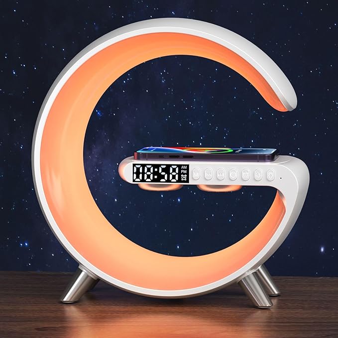 4-in-1 Wireless Charger Atmosphere Lamp, Bluetooth Speaker, LED Dimmable Night Light Table Lamp, Alarm Clock, Ideal Birthday Gift Room Decor (White, Key Control)