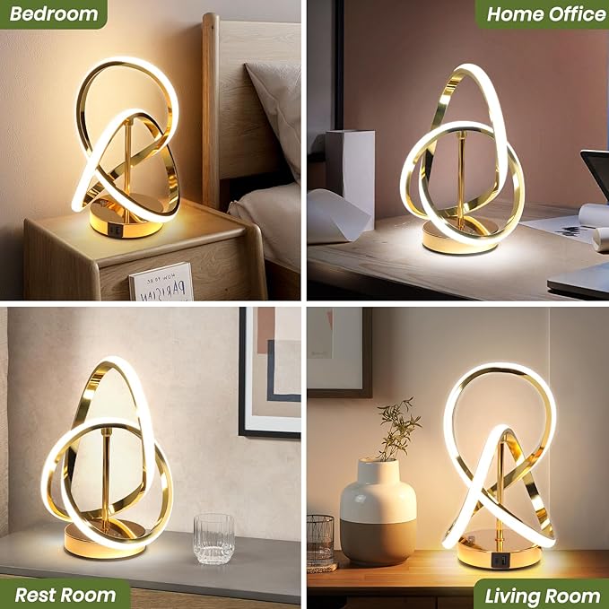 Modern LED Table Lamps, LED Spiral Table Lamp, 3 Color Dimmable Bedside Lamp, Touch Control Nightstand Lamp with USB/Type C for Bedroom, Small Gold Table Lamp for Home Decor Living Room Bedroom Office