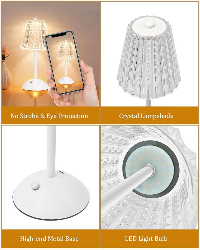 Cordless Touch Table Lamp, LED Rechargeable Small Dask Lamp, 3 Colors Dimmable Battery Operated Crysta Lamp for Bedroom Restaurant Kitchen Home Decor, White