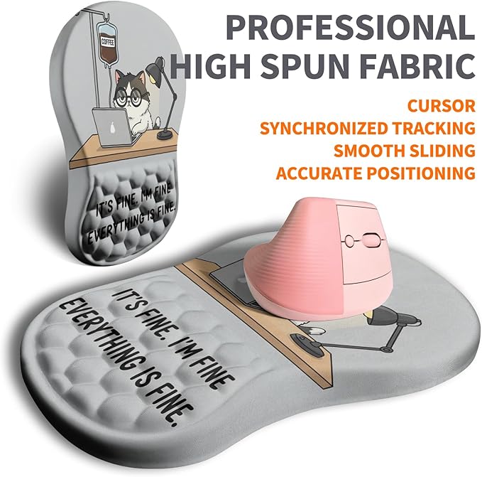 Ergonomic Joint Wrist Support Mouse Pad with Memory Foam Cushion Massage Bump, Carpal Tunnel Wrist Support Mousepad Slope Design for Wrist Rest, 11.8x7.9 in, Funny Coffee Cat