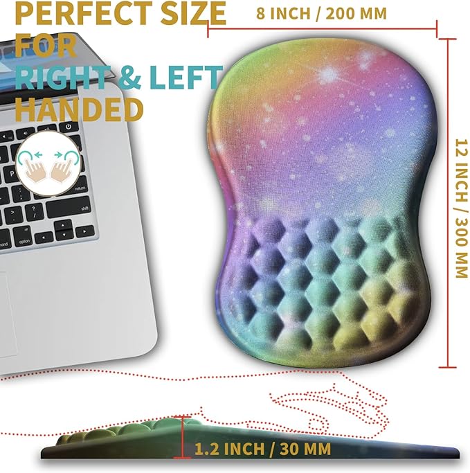 Hokafenle Ergonomic Mouse Pad Wrist Support with Massage Design, Wrist Rest Mousepad with Memory Foam&Non-Slip PU Base, Mouse Pads for Wireless Mouse & Desk (12x8 inch,Rainbow Bubble)