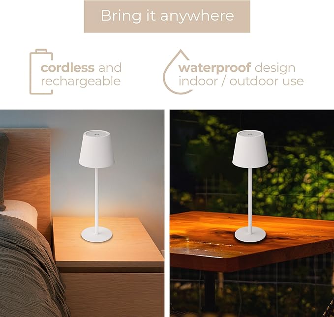 Versa LED Cordless USB-C Re-Chargeable Desk Lamp, 5200mAh Battery Operated with 3 Color Temperature 2700K-3000K-3500K and Fingertip Touch On/Off Plus Dimming with Two 5in Adj Height Stems in White
