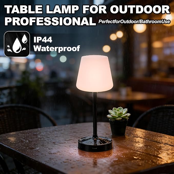 Small Shower Lamp Waterproof: Table Lamp with 4000mAH Battery - Rechargeable 3 Dimmable Cordless LED Lamp for Desk Bedroom Living Room Bathroom - Black Touch Light for Parents Kids