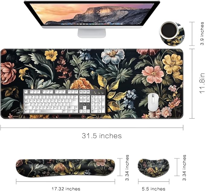 MIBITRI Keyboard Mouse Pad Set, Extended Gaming Mouse Pad+Ergonomics Keyboard Wrist Rest Support, Memory Foam, Easy Typing, 4Pcs XXL Ultra Thick Desk Mat, Elegant Flowers