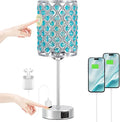 Hong-in Blue Lamps for Night Stands-Crystal Table Lamp with USB-C+A & AC Charging Ports, 3-Way Dimmable Nightstand Touch Lamp, Bedside Desk lamp for Bedroom Living Room Home Office
