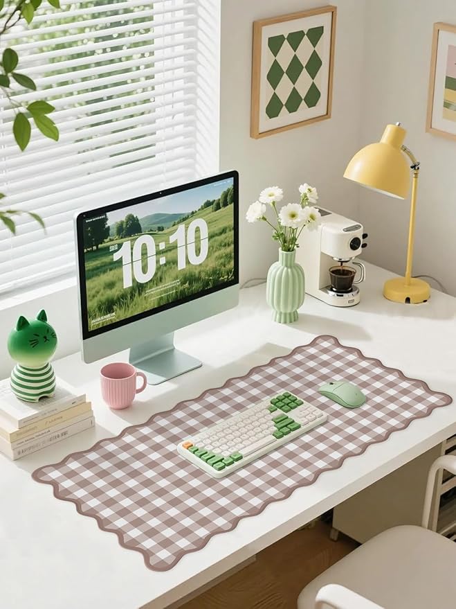 Scalloped‌ Checkered Desk Mat Cute Brown Gingham XXL Large Gaming Mouse Pad Farmhouse Cottagecore ‌Vintage‌ Keyboard Computer Mat Pad for Desktop Aesthetic Cozy Office Desk Decor