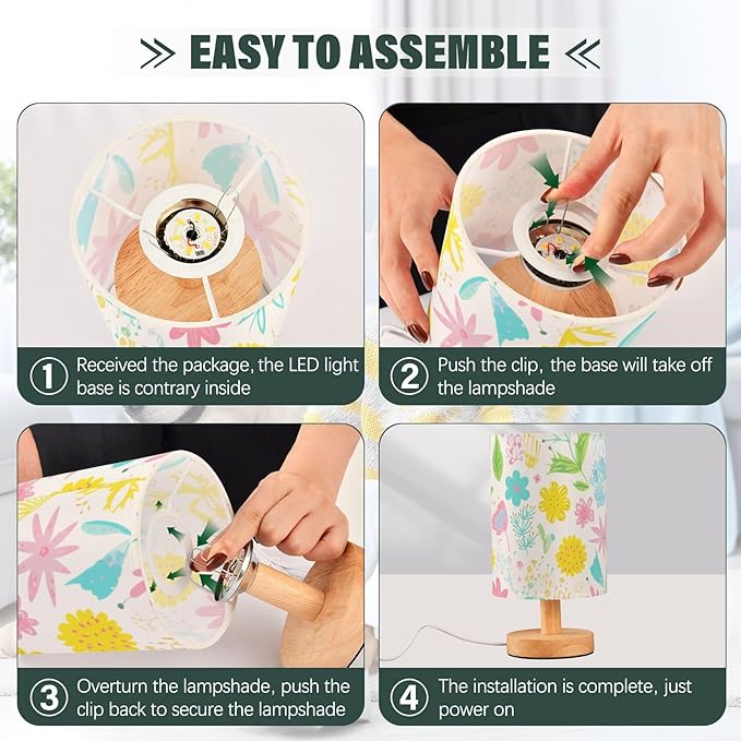 Colorful Floral LED Table Lamp, Bedside Lamp with Linen Lampshade, Flicker-Free Eye Care USB Plug in Nightstand Lamp, for Bedroom and Office