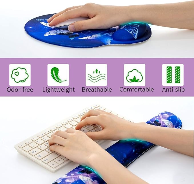 RICHEN Keyboard Wrist Rest and Mouse Pad with Wrist Support, Memory Foam Set for Gaming and Office, Comfortable & Lightweight for Easy Typing (White Butterflies)