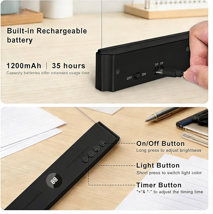 LED Book Light and Night Light 2 in 1, USB Rechargeable Clear Flat Book Light with 3 Colors & Timer, Dimmable Book Lights for Reading at Night, Scratch-Resistant, Eye-Care (Black)