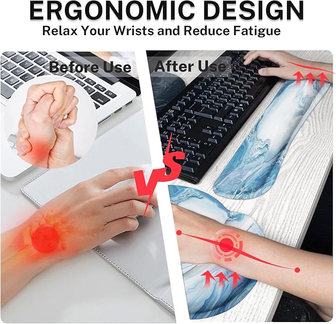 Arttown Blue White Gradient Desk Mat Abstract Ocean Marble Mouse Pad Set 4 in 1 Ergonomic Design Large Mousepad + Keyboard Wrist Rest + Mouse Wrist Rest + Coaster Suitable for Home Office Study Game