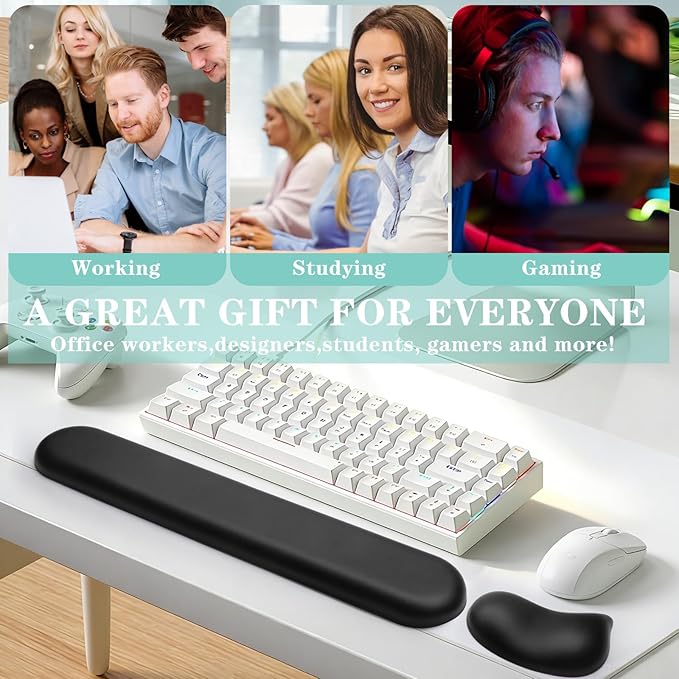 Wrist Rest for Keyboard and Mouse Pad, Ergonomic Memory Foam Keyboard Wrist Rest Set, Luxe Leather, Non-Slip Desk Accessories for Office and Home (Black)