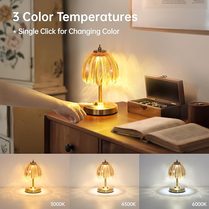 Set of 2 Tulip Table Lamp with 5200mAh Battery & Touch Control, Cordless Small Table Lamp with 3 Colors, Rechargeable Battery Operated Table Lamps for Nightstand, Bedroom (Amber Tulip)