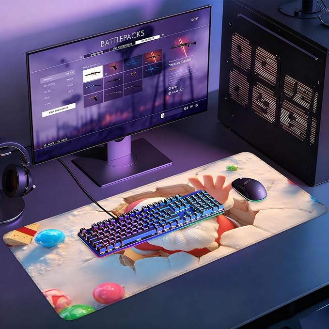 Desk Mat, XXL Extended Gaming Pad for Desktop, 35x16 Inches Santa Breaking Through Wall, Large Non-Slip Vegan Leather Surface with Stitched Edges, Keyboard Mouse Mat for Home Office