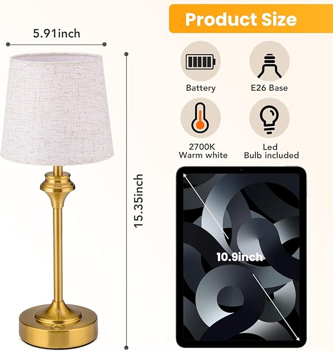 NIORSUN Portables Cordless Table Lamp Set of 2,Flaxen Fabric Shade Battery Operated Lamp, Bedside Table Lamp with Warm White,3 Way Dimmable Touch Desk Lamp for Bedroom Living Room Restaurant (Gold)