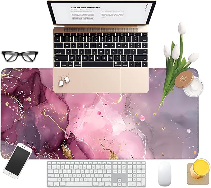 Pink Marble Extended Gaming Mouse Pad 31.5x11.8inches Large Desk Mat Anti-Slip Rubber Base & Durable Stitched Edges for Gamers Smooth Mouse Writing Surface for Desk Office/Home