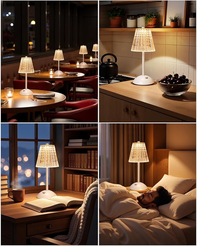Cordless Touch Table Lamp, LED Rechargeable Small Dask Lamp, 3 Colors Dimmable Battery Operated Crysta Lamp for Bedroom Restaurant Kitchen Home Decor, White