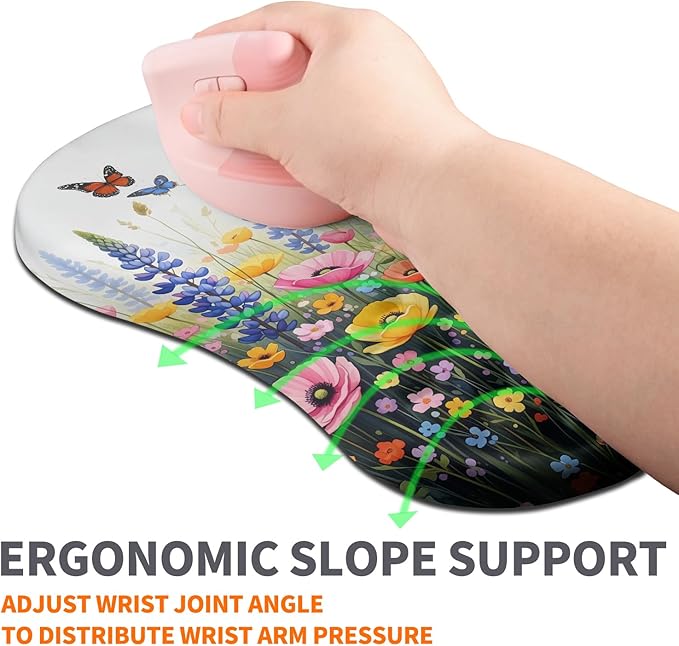 Ergonomic Joint Wrist Support Mouse Pad with Memory Foam Cushion Massage Bump, Carpal Tunnel Mousepad Slope Design for Wrist Rest, 11.8x7.9 in, Wild Flower