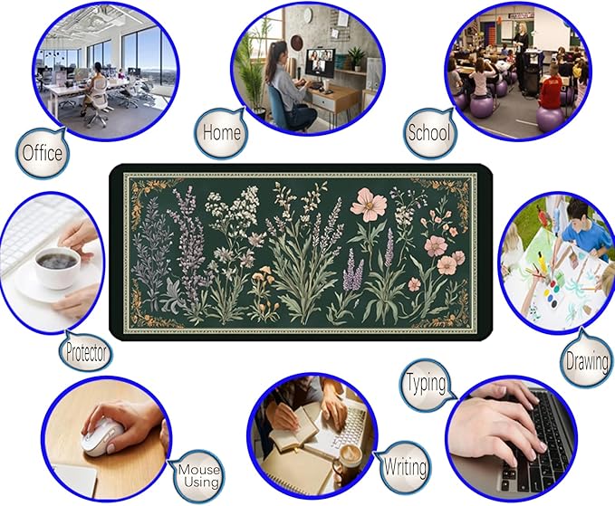 Deep Green Retro Desk Pad, Plant Flower Mouse Pad XXL, Large Gaming Mouse Mat, Laptop Pad, Desktop Protective Pad, Computer Mats with Stitched Edges, Women Office Desk Accessory 31.5"X15.7"