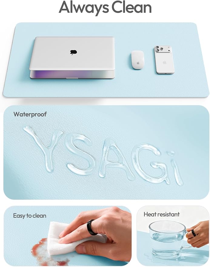 YSAGi Leather Desk Protector, Office Mat, Large Mouse Mat, Non-Slip PU Leather Blotter, Laptop Desk Pad, Waterproof Writing Pad for Office and Home (Baby Blue, 31.5" x 15.8")