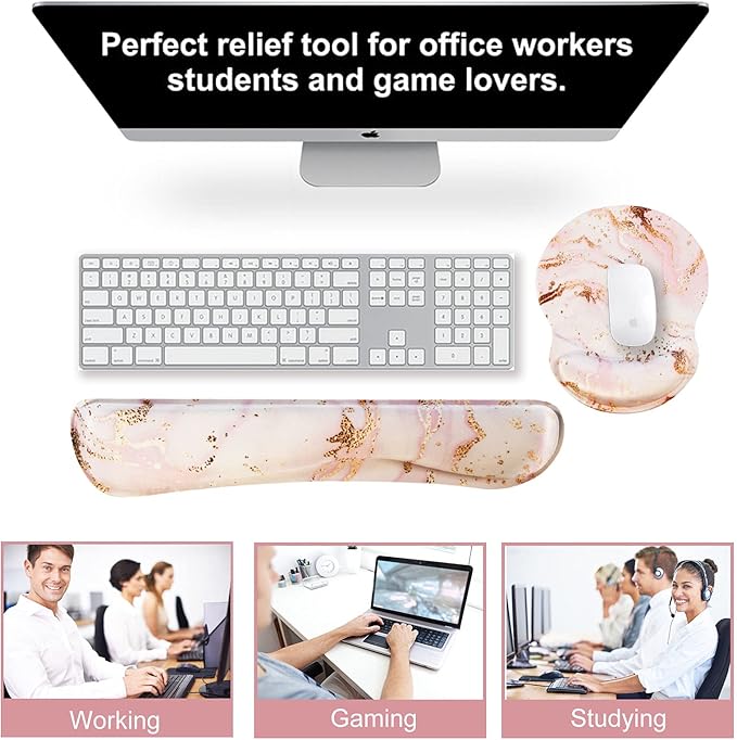 ArtSo Upgraded Wrist Rest Support for Mouse Pad & Keyboard, Ergonomic Gel Mousepad Non-Slip Rubber Base Home, Office Wrist Support & Easy Typing Cushion Neoprene Cloth & Soft Memory Foam, Pink Marble