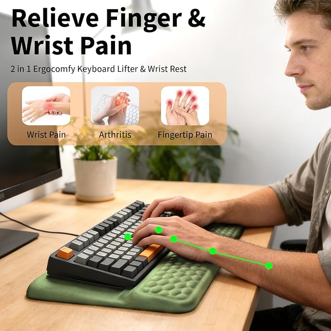 Wrist Rest with Keyboard Stand, Computer Wrist Support Pad, Ergonomic Keyboard Riser Hand Rest Soft Memory Foam Cushion Holder Gaming Typing Desk Accessories for Office Home School（Green）