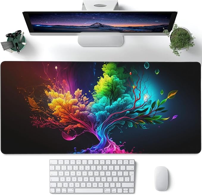 Large Gaming Mouse Pad for Desk,Colorful Tree of Life Desk Mat,Abstract Multicolor Texture Desk Pad, Extended Big Computer Keyboard Mouse Pad with Non-Slip Base and Stitched Edge 35.4"x15.7"
