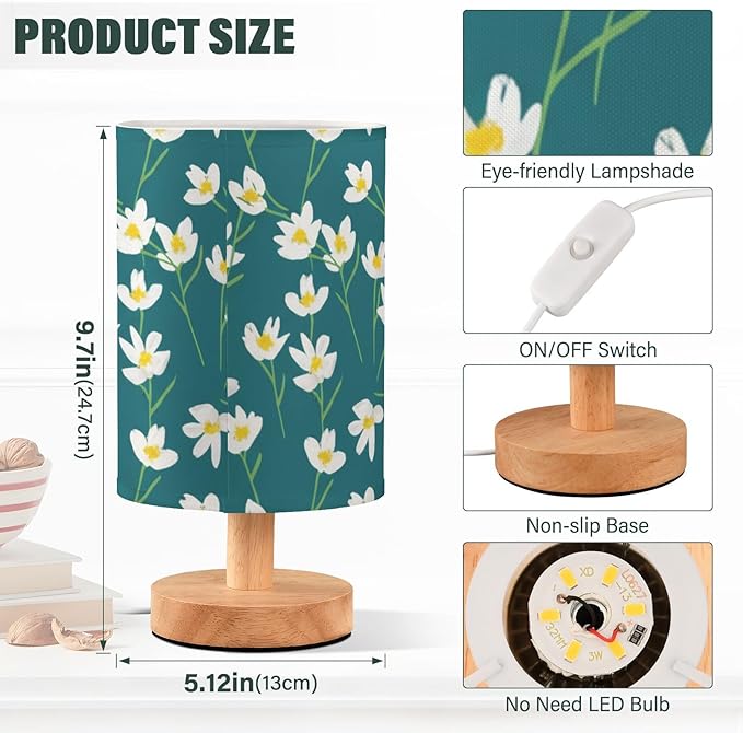 Green Floral LED Table Lamp, Bedside Lamp with Linen Lampshade, Flicker-Free Eye Care USB Plug in Nightstand Lamp, for Bedroom and Office