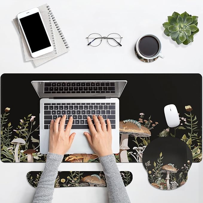 Britimes Black Mushroom Floral Keyboard Mouse Pad Set Plant Flower 4in1 Large Mousepad+Keyboard Wrist Rest+Mouse Wrist Rest+Coaster Ergonomic Design for Home Office Computer 35.4x15.7 inches