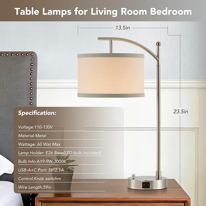 Table Lamp for Living Room Bedroom, 23.5" Table Lamps Set of 2 with USB C+A Ports, Bedside Lamps for Nightstand with Linen Lamp Shades, 2 Dimmable LED Bulbs Included, Silver