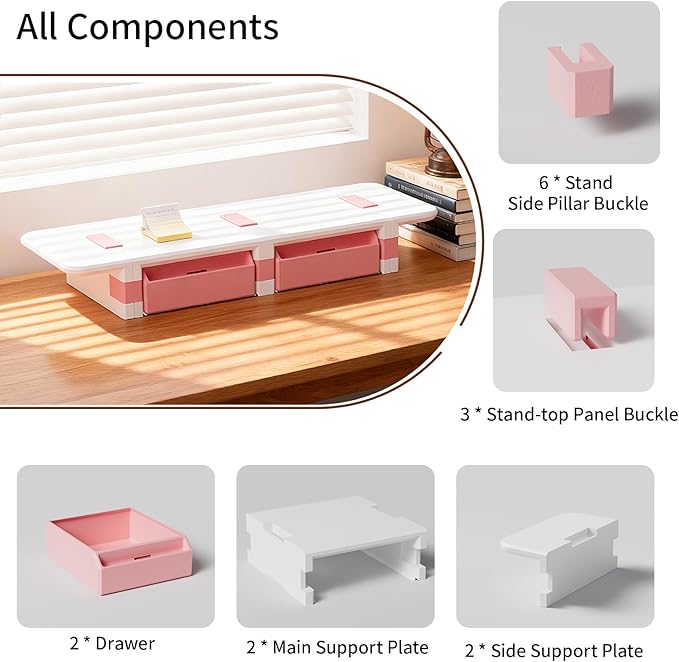 Desk Organizer and Accessories, Computer Monitor Riser Laptop Stand with Drawer Privacy Protection, Office Desk Accessories & Workspace Organizers for Office Supplies, Pink