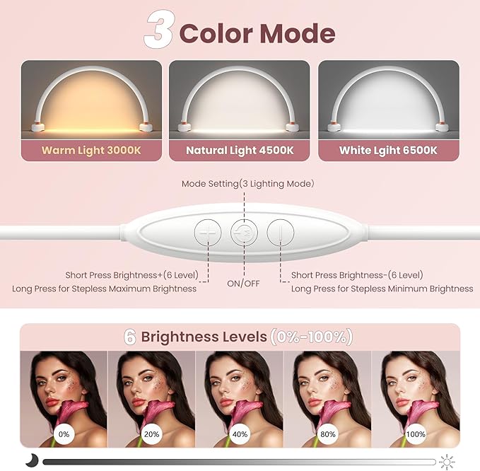 Yokilly Arc Half Moon Light: 16" Half Moon Light with Foldable Bracket for Desk Salon Table Use - No Flicker & Shadow-Free Desk Lamp with Stepless Brightness 3000-6500K for Manicurist Nail Tech