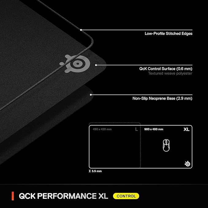 SteelSeries QcK XL Performance Control Gaming Mousepad — Extra Density for a Smooth Glide — Low-Profile Edge Stitching — Non-Slip Neoprene Rubber Base — 15.75 x 34.43 inch — FPS, MOBAs, RTS, MMO