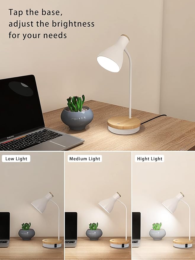 Metal Desk Lamp Wireless Charging Table Lamp Touch Reading Lights Arc Desk Lamps for Bedroom, 3 Way Dimmable Bedside Lamp with USB Charging Ports Lamp for Study Room and Office (Touch-White)