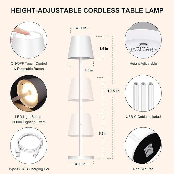 White Cordless Table Lamp 8-20 Inches Adjustable Height, 5000mAh Rechargeable Battery LED Desk Lamp, 3 Color Stepless Dimmable, Portable Waterproof Metal Table Light for Indoor/Outdoor