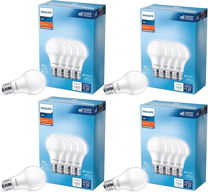 Philips 75-Watt Equivalent A19 Non-Dimmable E26 LED Light Bulb Soft White 2700K 16-Pack