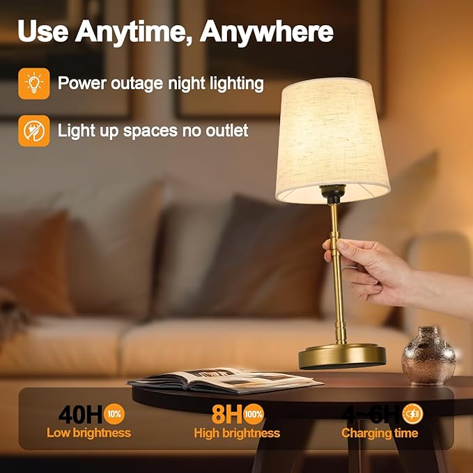 Cordless Table Lamps Set of 2 – Battery Operated Lamp with 7500mAh Rechargeable Battery, Stepless Dimmable Brushed Gold Lamps with Beige Shade, Wireless Lamps for Dining Room(Bulbs Included)