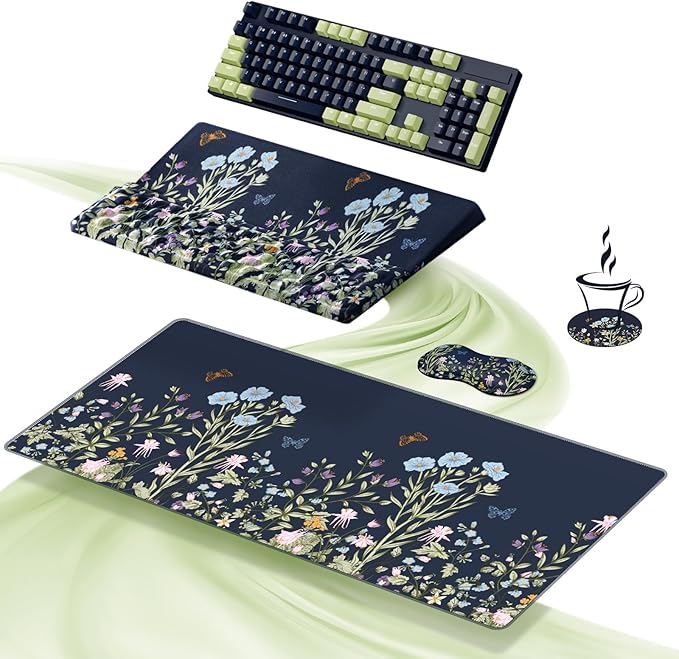 Ospelelf Keyboard Wrist Rest Stand Pad and Ergonomic Mouse Pad Set with Large Mousepad, Memory Foam Comfort, Premium Office Desk Accessories for Pain Relief, Moonlit Blossoms