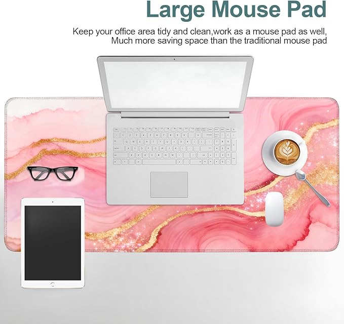 Pink Marble Extended Gaming Mouse Pad 35.4x15.7Inch Large Desk Mat Anti-Slip Rubber Base & Durable Stitched Edges for Gamers Smooth Mouse Writing Surface for Desk Office/Home