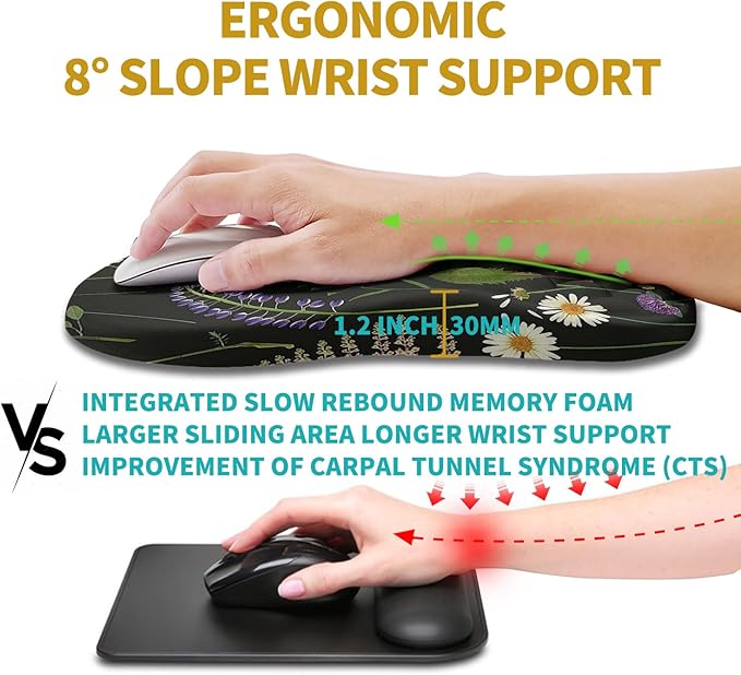 Hokafenle Ergonomic Mouse Pad Wrist Support, Wrist Rest Mousepad for Carpal Tunnel with Integrated Memory Foam Slope Massage Bulge (11.8x7.9 inch,Flowers)