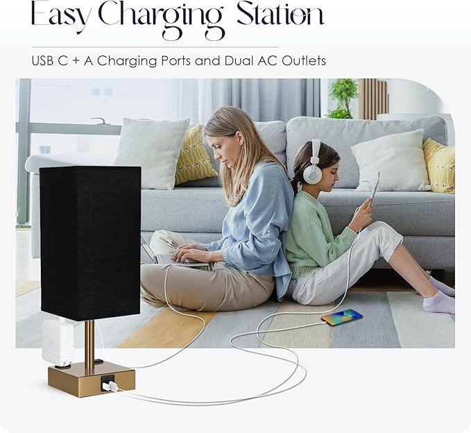 Soilsiu Bedside Lamp with USB Ports - Touch Control Table Lamp for Bedroom with USB C+A Charging Ports & AC Outlets, 3 Way Dimmable Nightstand Light for Living Room (LED Bulb Included, Brass - Black)