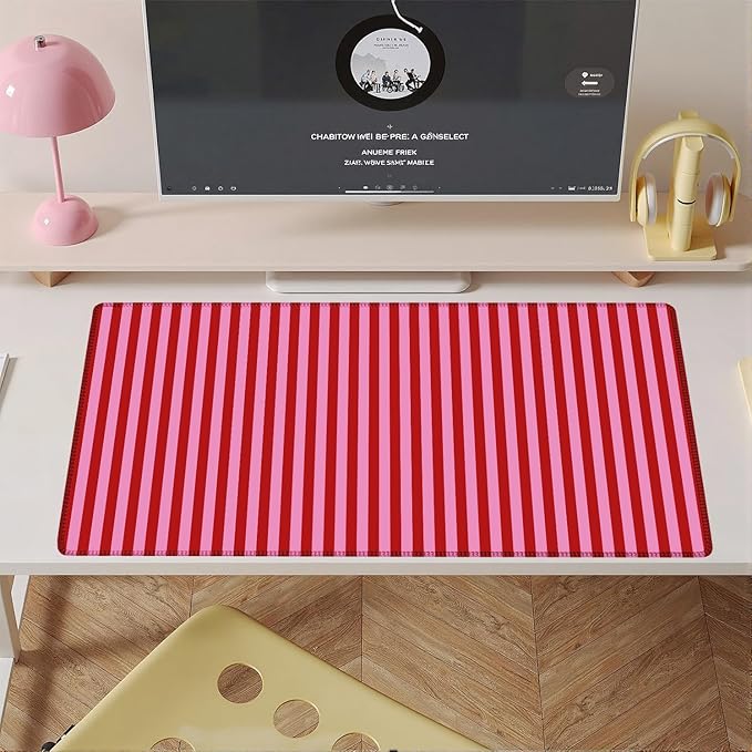 Pink Red Striped Desk Mat Cute Pastel XXL Large Gaming Mouse Pad Desk Pad Kawaii Aesthetic Cozy Keyboard Laptop Computer Mat Home Office Decor for Women
