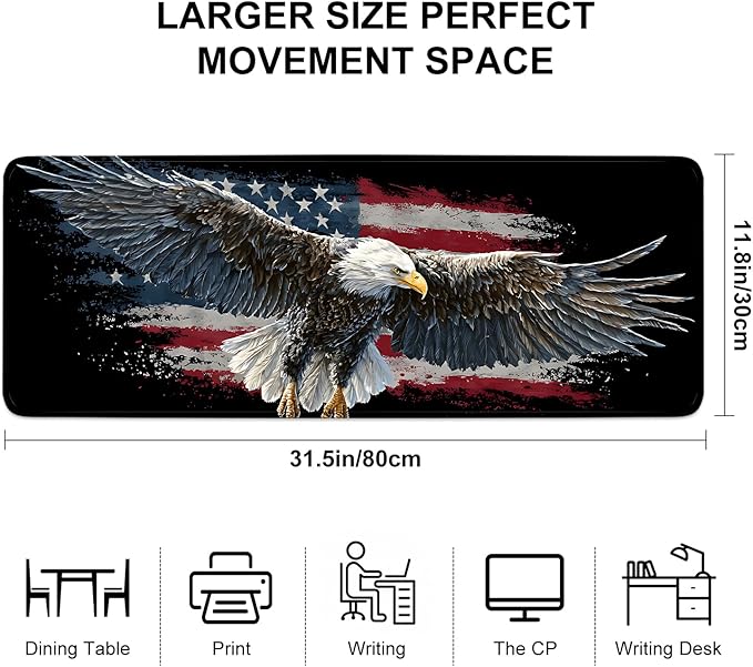 Desk Mat, XXL Extended Gaming Pad for Desktop, 31x12 Inches Patriotic Bald Eagle US Flag Design, Large Non-Slip Vegan Leather Surface with Stitched Edges, Keyboard Mouse Mat for Home Office