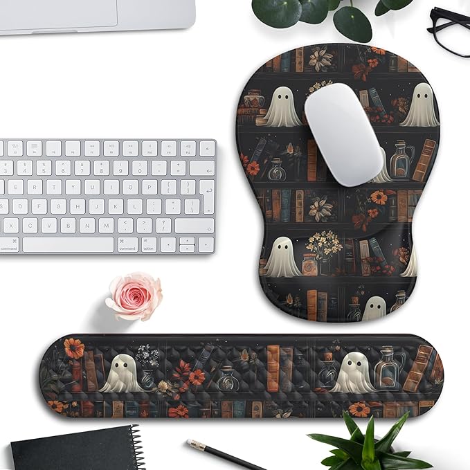 Ghost Book Mousepad with Wrist Rest Halloween Computer Keyboard Mouse Pad Black Cute, Mouse Pad with Wrist Rest for Computer Keyboard, 2 In 1 Mousepad with Wrist Support for Easy Typing & Ergonomic Comfort
