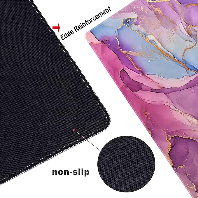 Purple Pink Gold Marble Non-Slip Rubber Large Mouse pad for Desk,Large Gaming Mouse Pad XXL Extended Mouse pad with Stitched Edges Non-Slip Base Water Resist Pad Desk Mat 35.4x15.7inch
