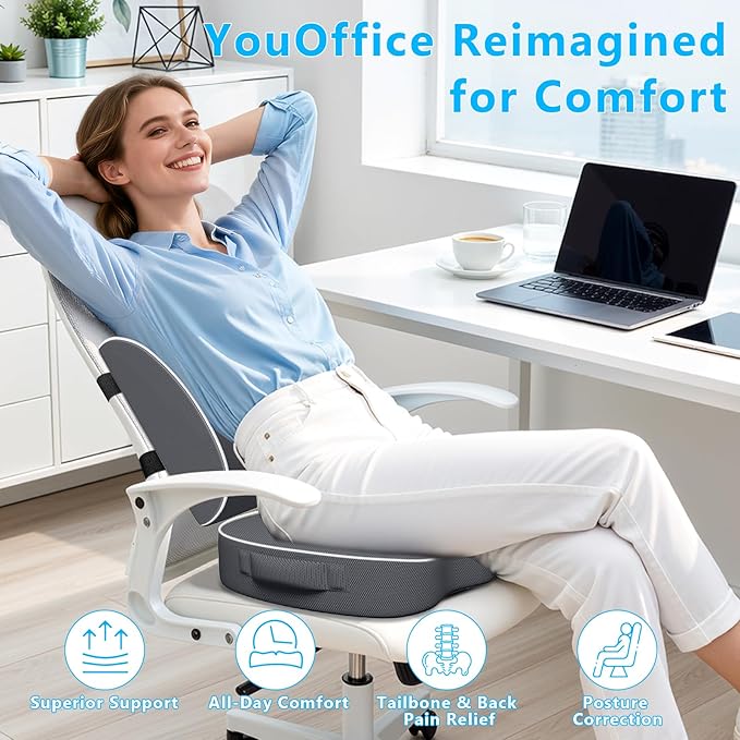 SweetSlubr Seat Cushion, Lumbar Support Pillow with Adjustable Strap-Chair Cushions for Sciatica Pain Relief-with Washable Cover Memory Foam for Car, Travel and Wheelchair Gray/Large