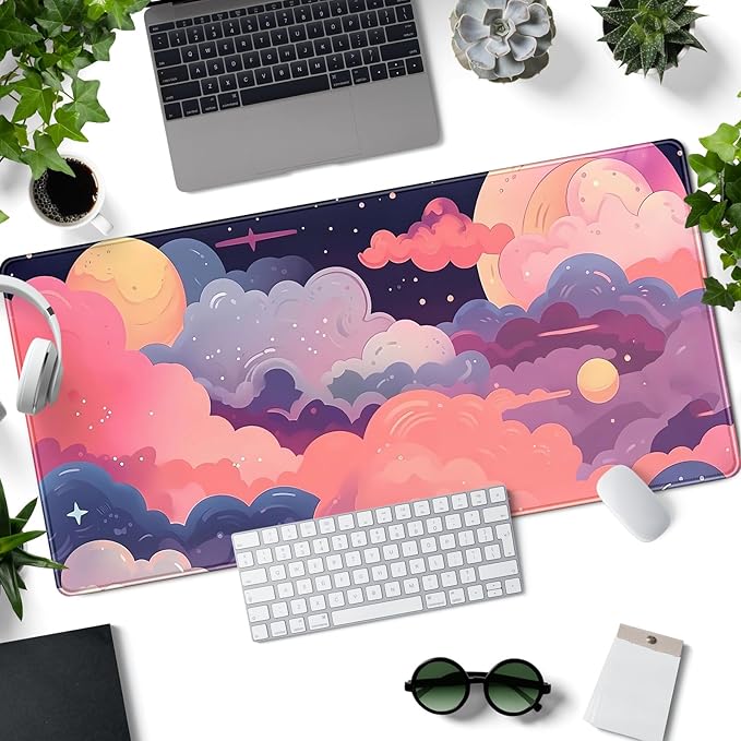 Cute Desk Mat Kawaii Clouds Pink Purple Desk Pad Anime XXL Large Mouse Pad Big Full Desk Gaming Mousepad Laptop Computer Keyboard Mouse Mat 31.5''X 15.7'' Cute Desk Decor Accessories