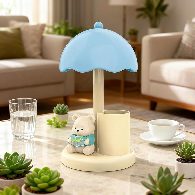 Cute Bear Desk Lamp with Pen Holder, 2-in-1 Kids Table Lamp Organizer, LED Bedside Lamp with USB Charging Port for Bedroom Study Room, 500 mAh, Rechargeable Lighting Decor for Boys Girls